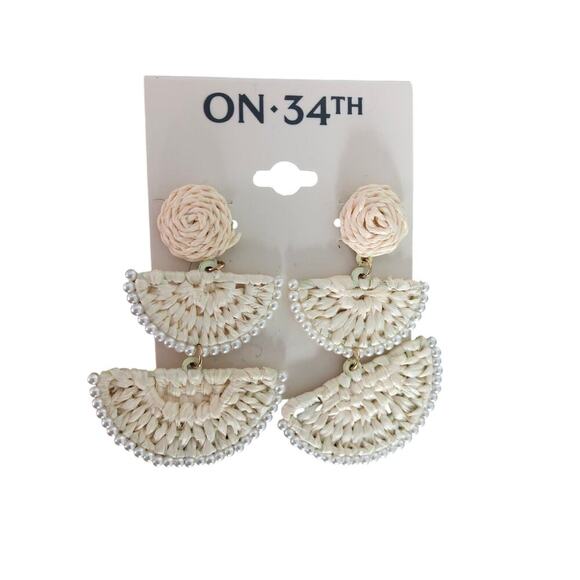 On 34th Gold-Tone Stone Bead & Woven Raffia Drop Earrings NEW - Picture 3 of 5